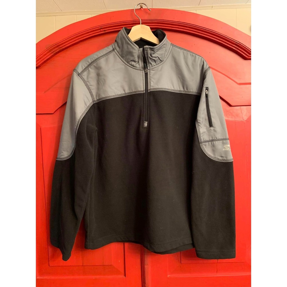 Starter Jacket Pullover Fleece Black Gray Pocket on Sleeve  EUC Mens Size M Med